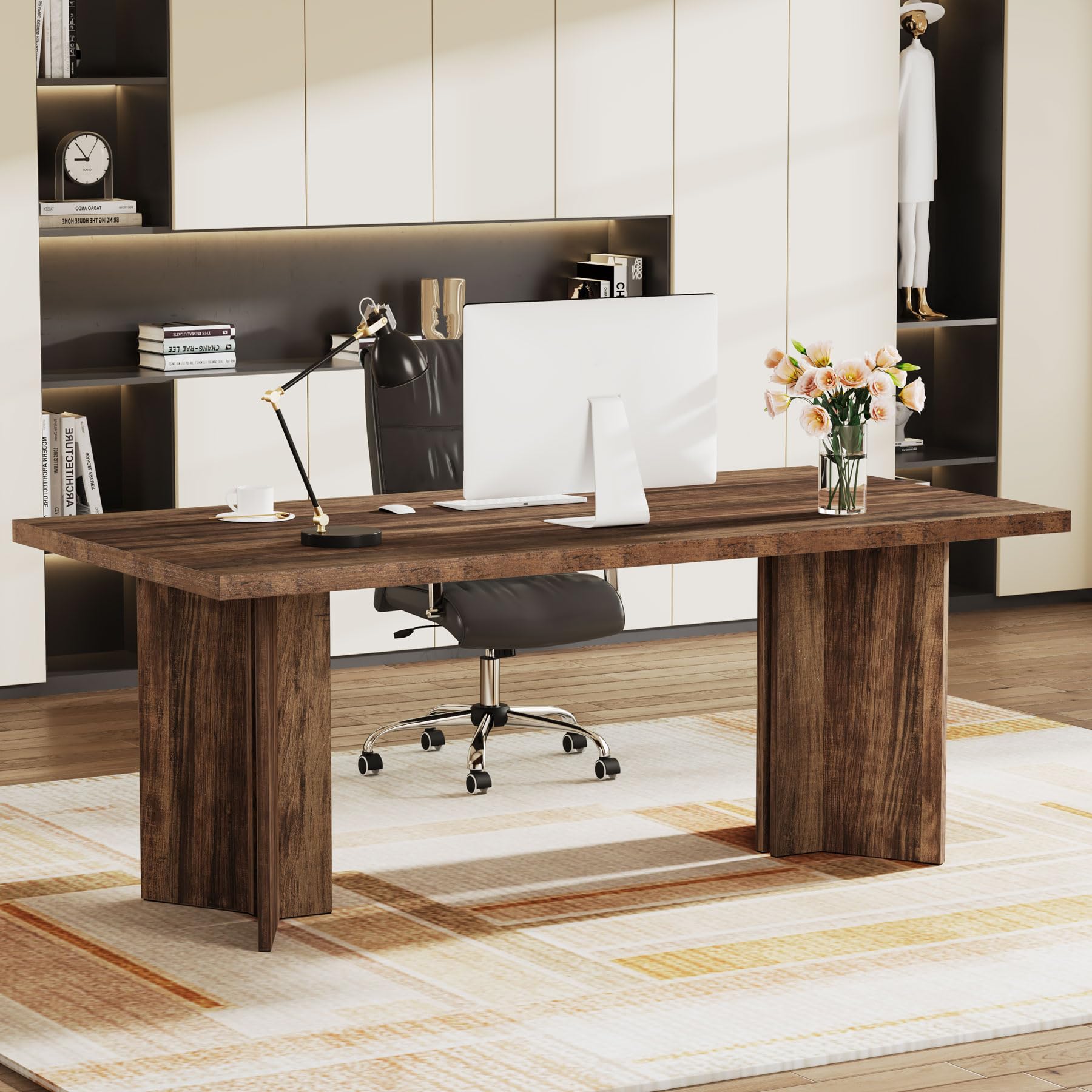 Tribesigns 63-inch Vintage Executive Desk - Farmhouse Style Solid Wood Computer Desk with Large Work Surface, Home Office Writing Conference Table for Study & Workspace - Dark Brown - Perfect for Remote Work & Modern Home Offices