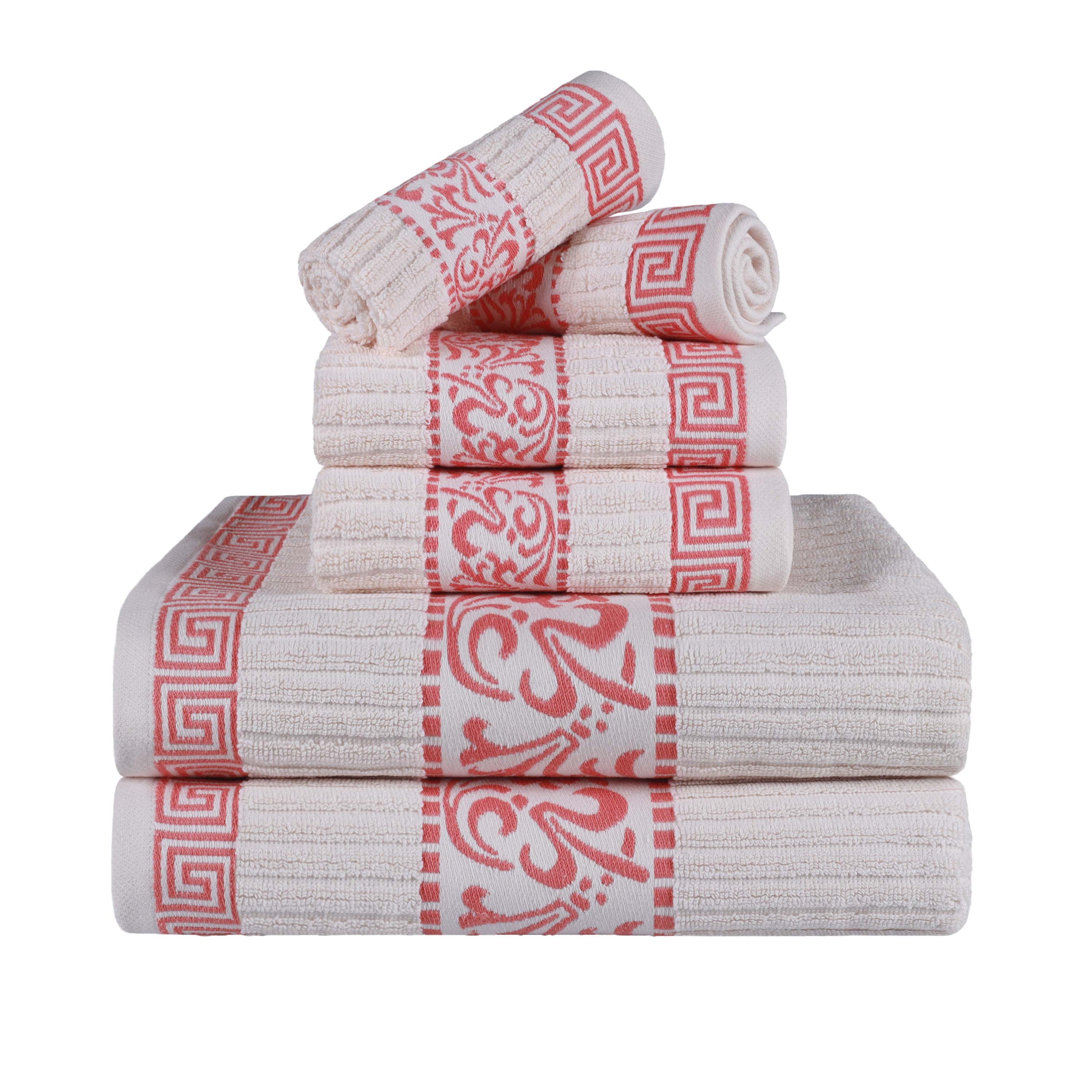 Athens Cotton Greek Scroll and Floral 6-Piece Bath Towel Set - Soft & Absorbent for Bathroom, Spa, and Beach Use