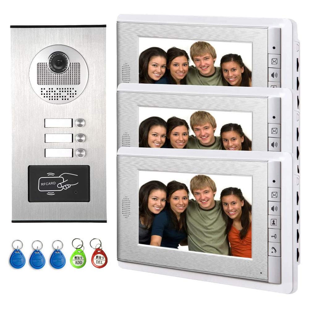 3 Units Apartment Video Intercom System - 7 Inch Wired Video Doorbell with IR Camera, ID Keyfob Unlock & Monitoring | 3-Monitor Home Security for Apartments, Condos & Gated Communities | Indoor/Outdoor Use
