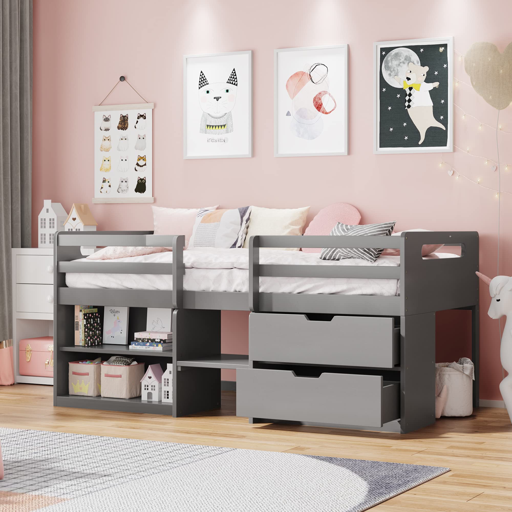 Twin Size Low Loft Bed for Kids & Teens - Solid Wood Loft Bed with 2 Shelves, 2 Drawers & Safety Guard Rail - Space-Saving Bedroom & Dorm Furniture - Perfect for Small Rooms & College Dorms (Gray)