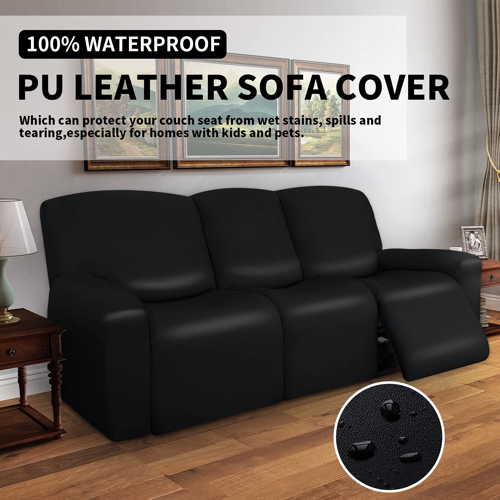Waterproof Stretch Sofa Covers - 8 Piece PU Leather Recliner Slipcover Set with Elastic Straps - Furniture Protector for Pets & Kids - Black - Perfect for Living Room, Family Room & Pet-Friendly Homes