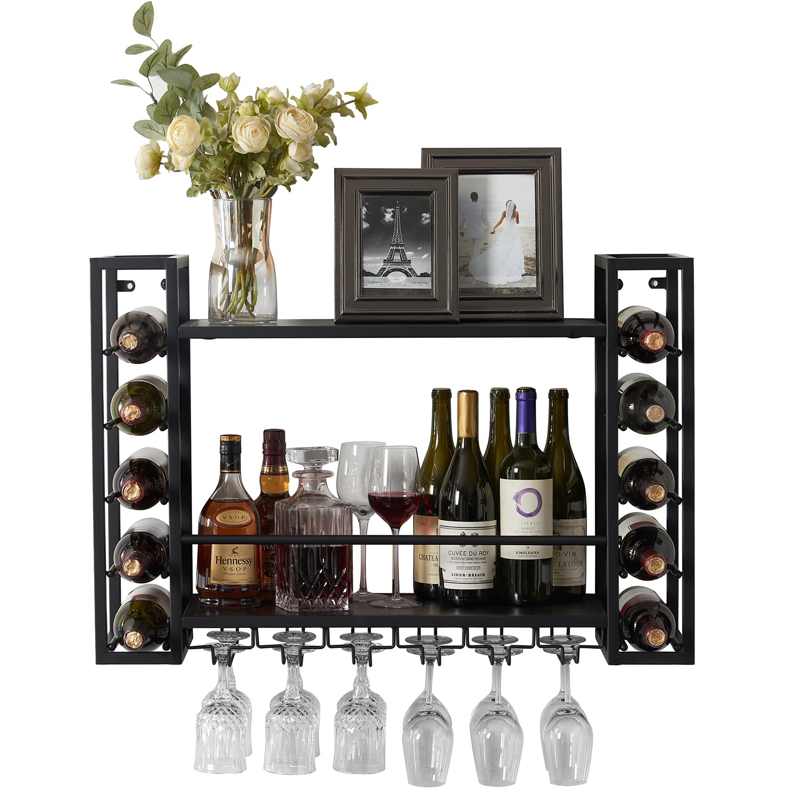 31.5 Inch Black Metal Wall Mounted Wine Rack with Glass Holder - Space Saving Wine Bottle Storage Display for Home Bar, Dining Room, Kitchen - Perfect for Entertaining Guests & Organizing Your Wine Collection