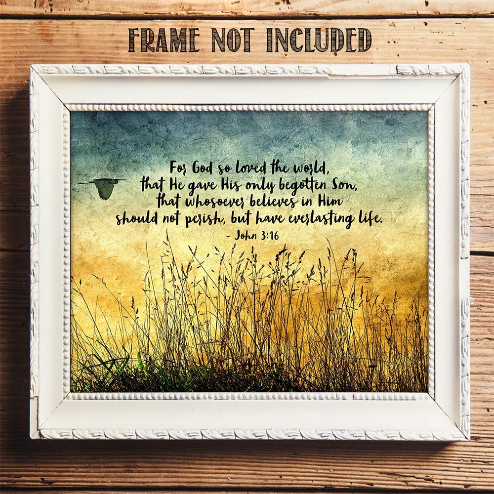 TJ Originals - John 3:16 Bible Verse Wall Art - Christian Scripture Decor - 11x14 Inspirational Print - God So Loved the World Quote - Perfect for Home, Church & Office Decor - Great Gift for Women, Family & Friends (Wild Grass 2)