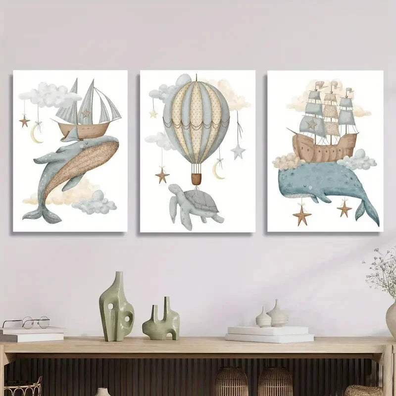 3-Piece Flying Whale, Turtle & Sailing Ship Metal Wall Art Prints - Ready to Hang Home Decor for Living Room, Bedroom & Office