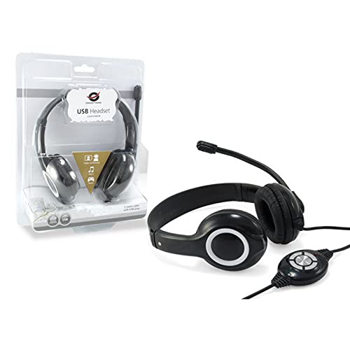 Conceptronic POLONA USB Wired Headset with Noise-Canceling Microphone for PC, Laptop, Call Center - Comfortable Over-Ear Headphones with Clear Sound (Black) - Perfect for Online Meetings, Gaming & Remote Work
