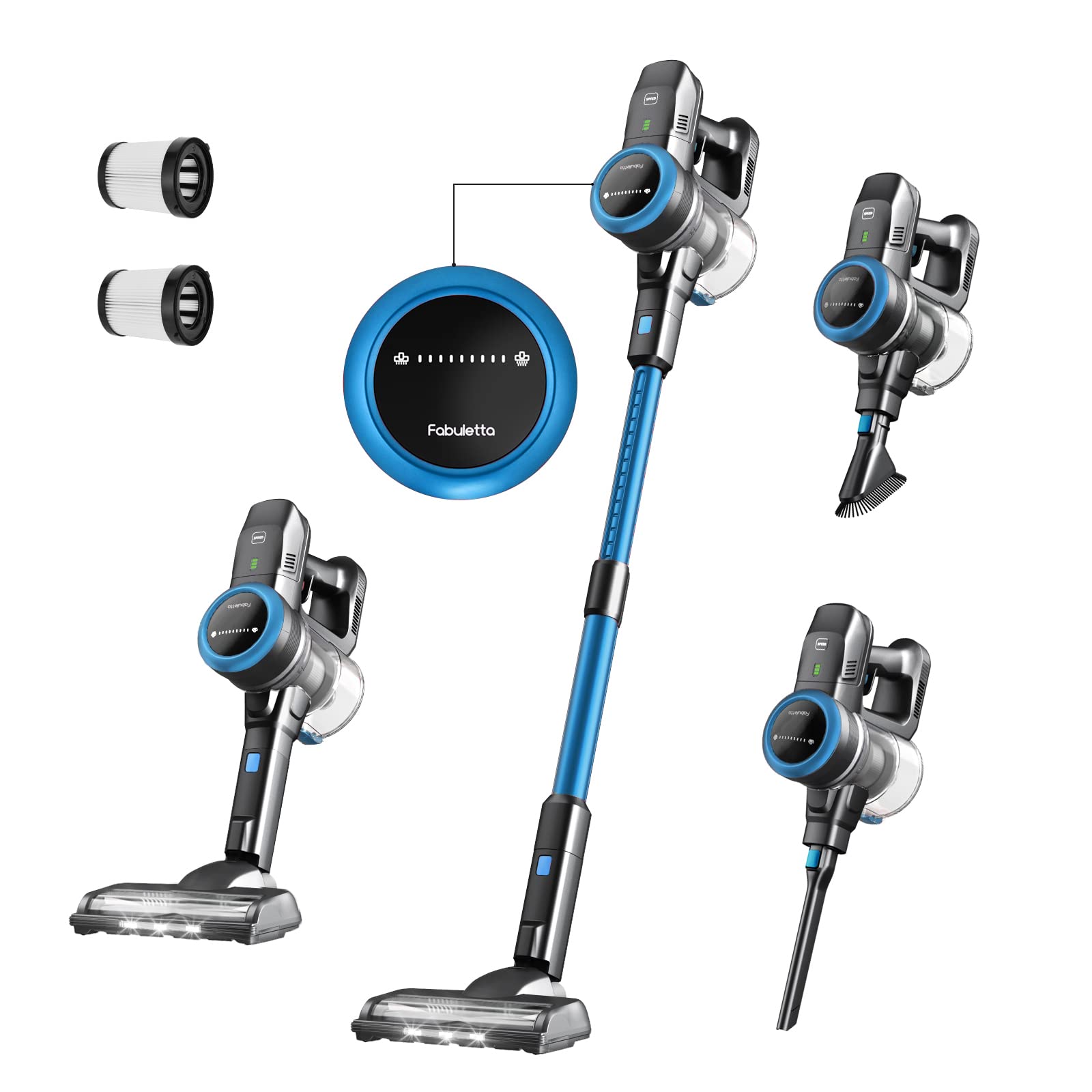 FABULETTA 24Kpa Cordless Vacuum Cleaner - 6-in-1 Lightweight Stick Vacuum with 250W Brushless Motor, Powerful Suction for Pet Hair, Carpet & Hard Floors, 45 Min Runtime, LED Display (Blue) - Perfect for Home Cleaning, Pet Owners & Quick Car Detailing