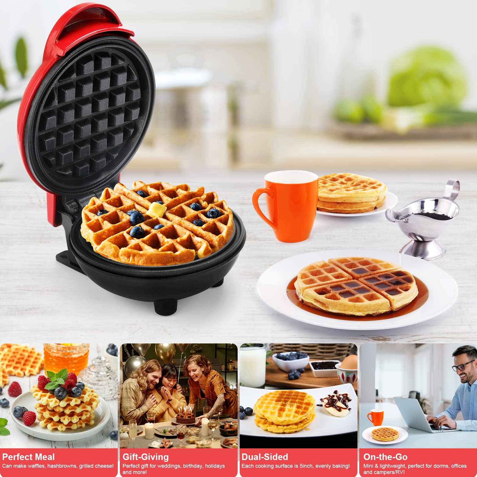 LOMUG Mini Waffle Maker with Non-Stick Coating - 350W Electric Waffle Iron for Breakfast, Pancakes, Sandwiches & Desserts | Perfect for Home, Office & Camping