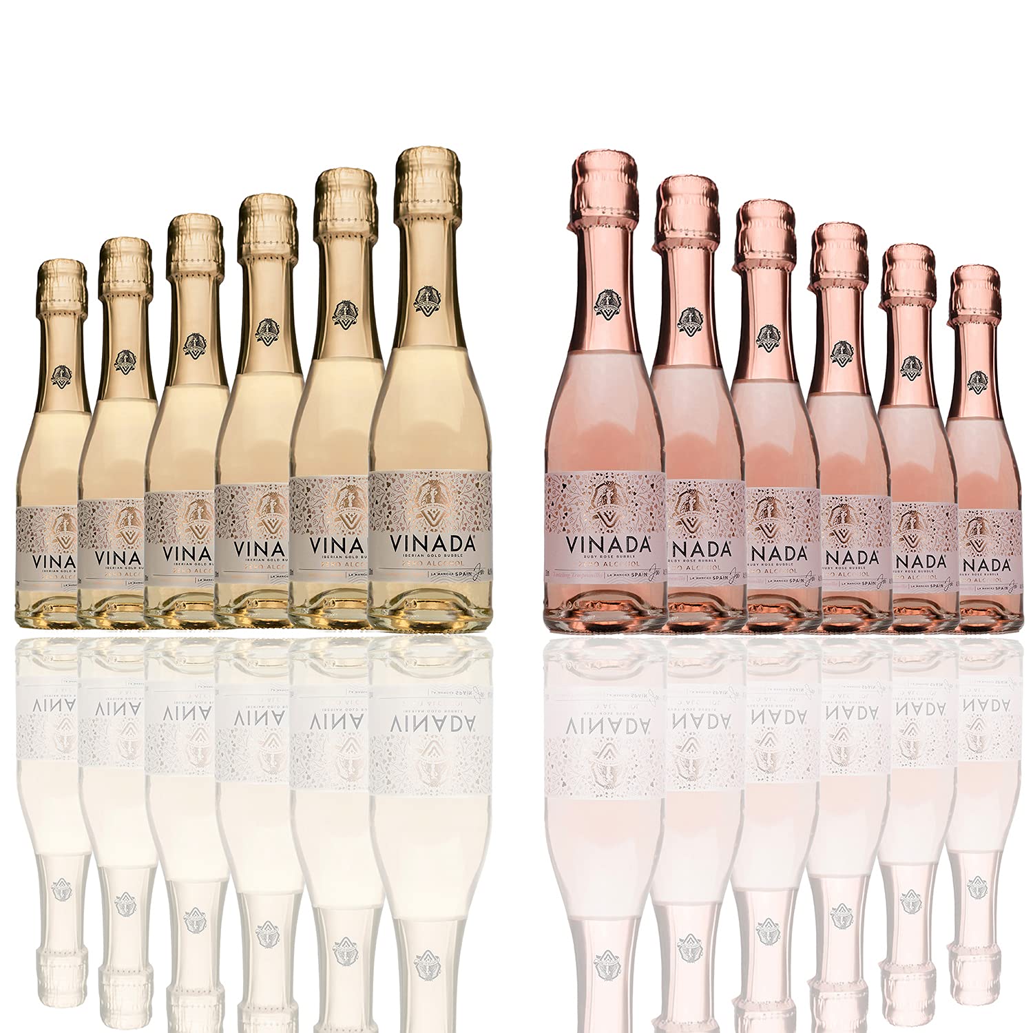 VINADA Sparkling Gold & Rosé Mini Variety Pack - Alcohol Free Wine - 12 x 200ml Glass Bottles - Perfect for Parties, Weddings & Sober Celebrations