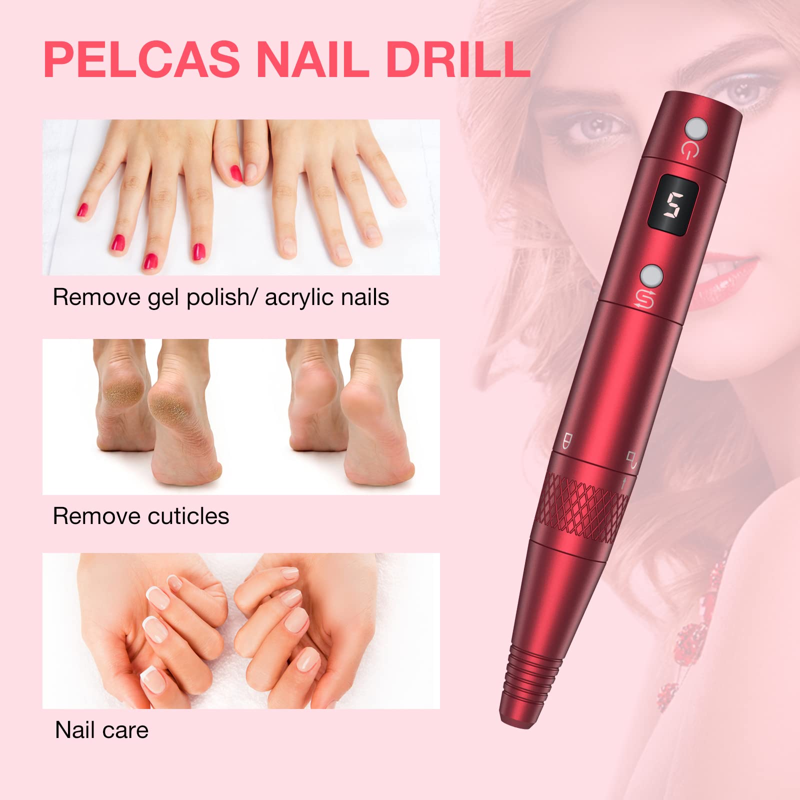 PELCAS Cordless Electric Nail Drill Kit with LCD Display - 5 Adjustable Speeds up to 20000RPM Professional Nail File Machine for Acrylic & Gel Nails - Perfect for Salon, Home Manicure & Pedicure Care