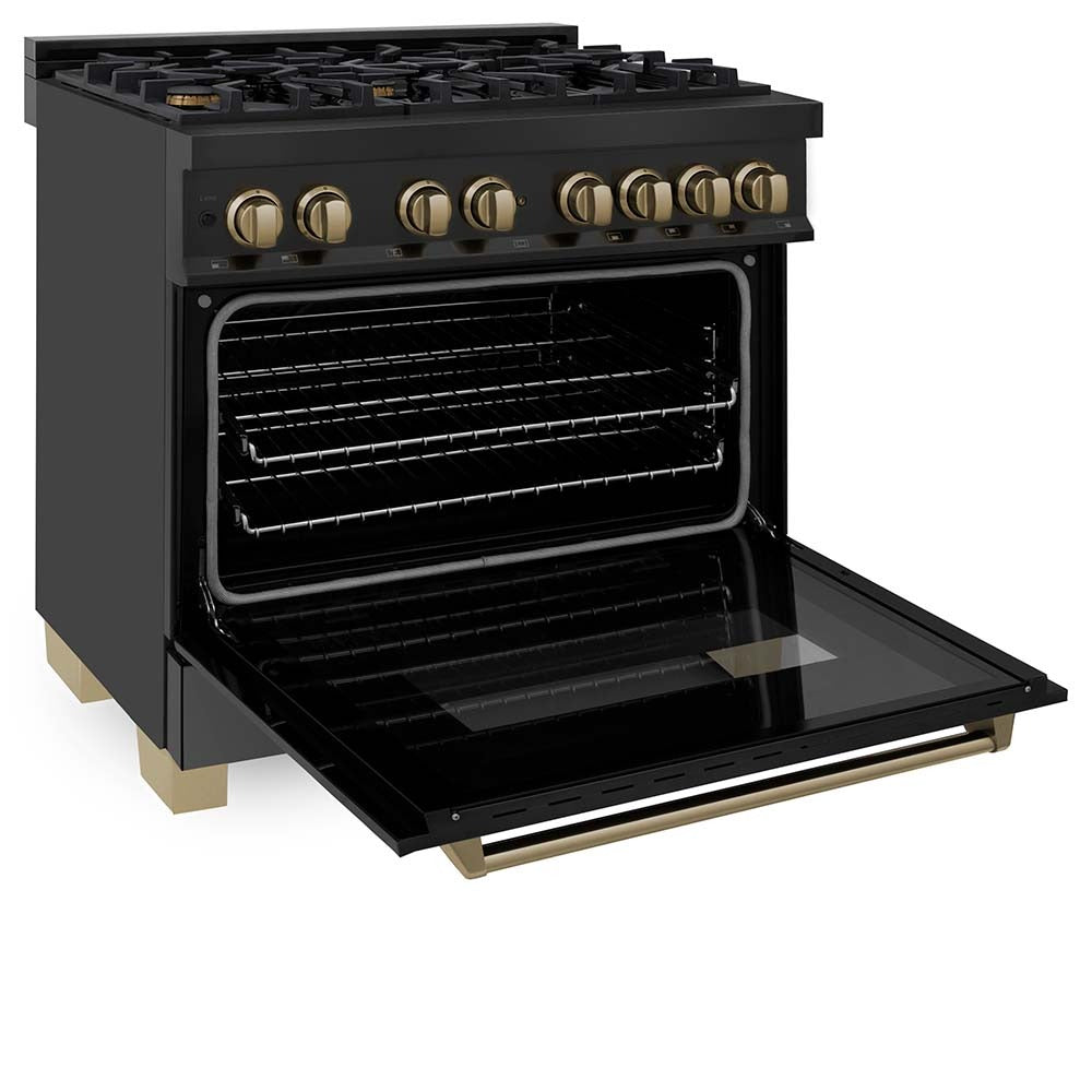 ZLINE Autograph Edition 36-inch Black Stainless Steel Kitchen Package - Dual Fuel Range, Range Hood, Dishwasher & Refrigerator with Internal Water Dispenser & Champagne Bronze Accents (4AKPR RABRHDWV36 CB) | Premium Kitchen Appliances for Modern Homes & Gourmet Cooking