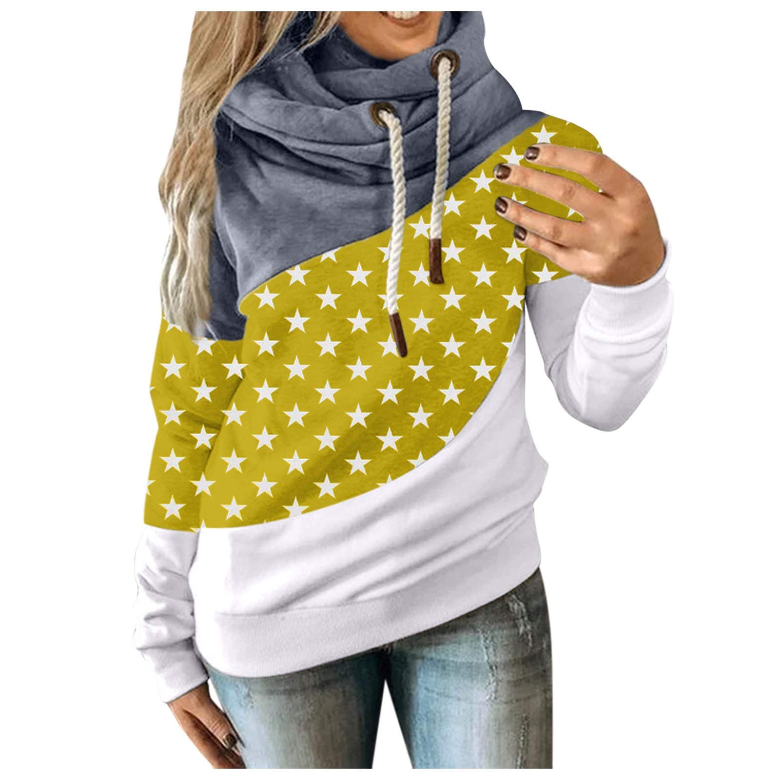 Women's Asymmetrical Zip Hooded Tunic Jacket - Winter & Autumn Contrast Sweatshirt with Star Design | Casual Outerwear for Work, Travel & Daily Wear