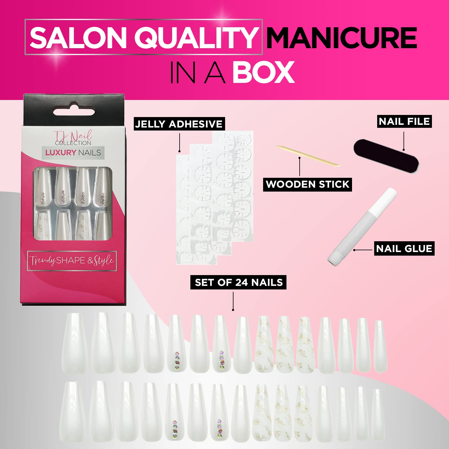 24-Piece Long Press-On Nails Kit for Women - Acrylic Fake Nails with Glue, Stickers, Nail File & Cuticle Stick (Ivory Gold) | Perfect for Parties, Weddings & Everyday Glam