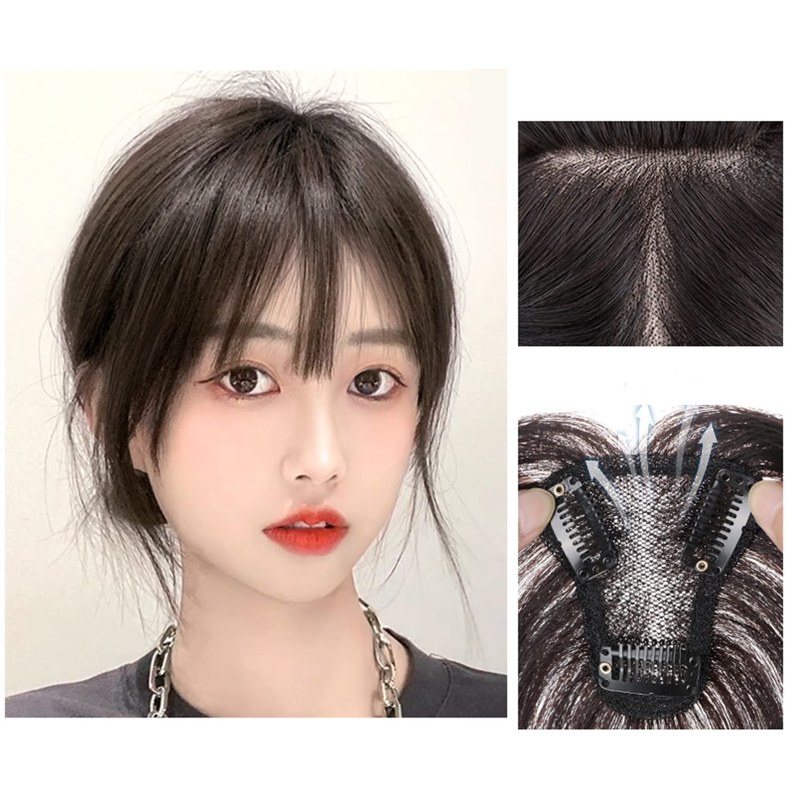 VIORED Women's Real Hair Topper Wig - Fluffy Bangs Hair Piece for Thinning Hair & White Hair Coverage, 20cm Short Hair Topper (Color: G-20CM) - Perfect for Daily Wear, Cosplay & Hair Volume Enhancement