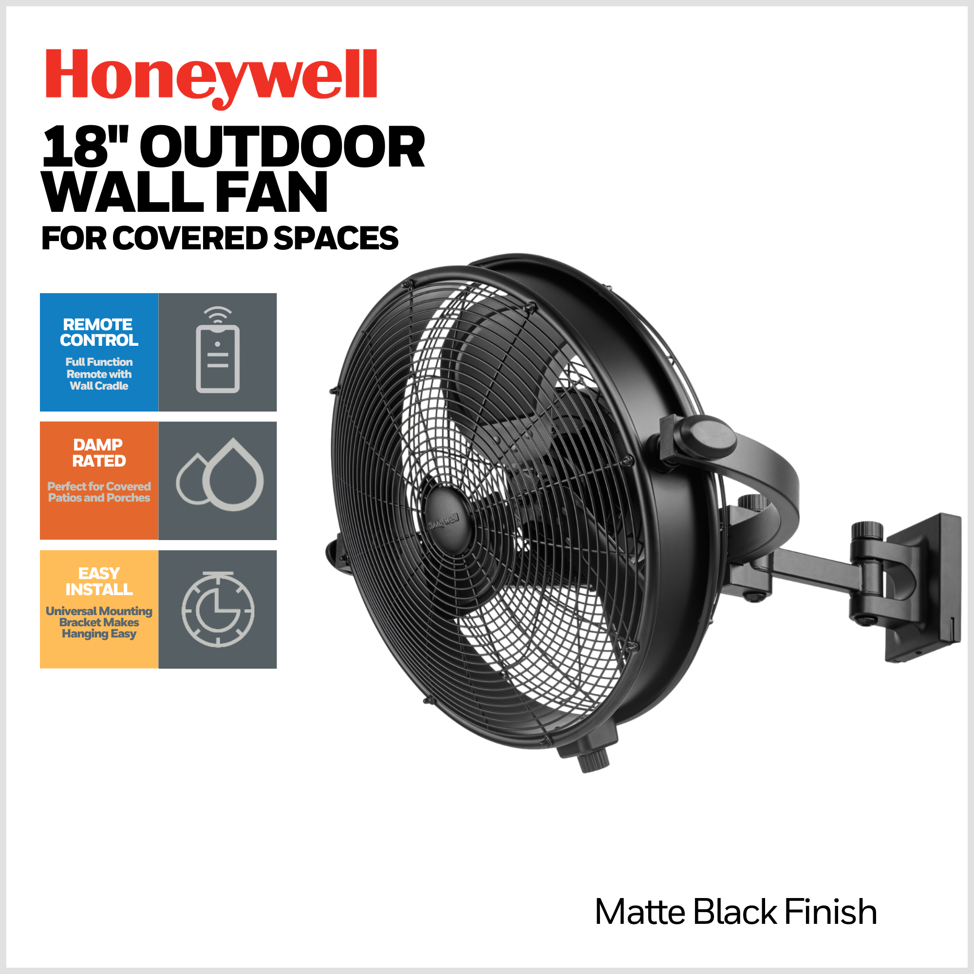 18 Inch Honeywell Indoor/Outdoor Wall Mount Fan - Black Patio Ceiling Fan with Remote Control - Perfect for Porch, Garage, and Covered Outdoor Spaces
