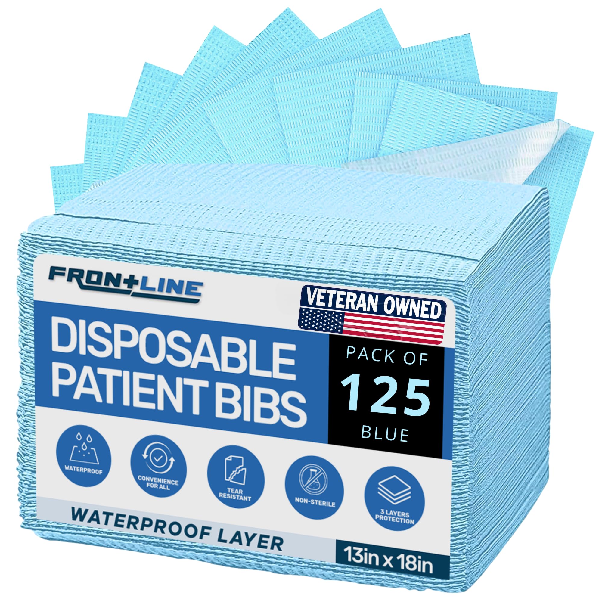 Disposable Dental Bibs Pack of 125 - 13x18 Inch 3-Ply Waterproof Dental Patient Bibs for Dentist, Tattoo, Nail & Eyelash Services - Ideal for Dental Clinics, Spas & Salons
