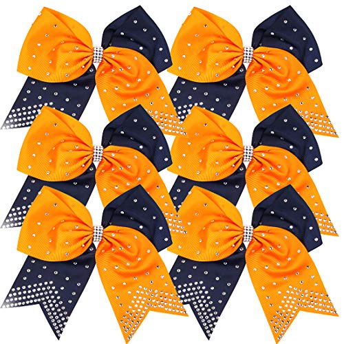 8 Inch Cheerleader Bows with Rhinestones - 2 Colors (Orange/Navy Blue) - 6 Pack Ponytail Holders for Cheerleading, Dance & Sports - Sparkly Hair Ties for Girls & Teens - Perfect for Games, Competitions & School Spirit Events