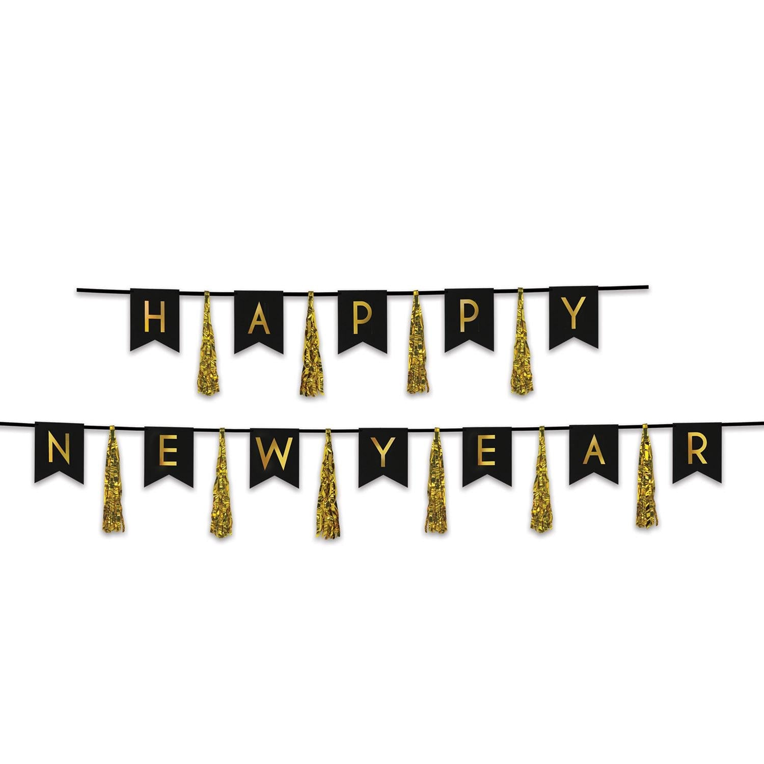 12 Pack Beistle Happy New Year Tassel Streamers - Black and Gold Party Decorations for New Year's Eve, Christmas, Birthday & Holiday Celebrations