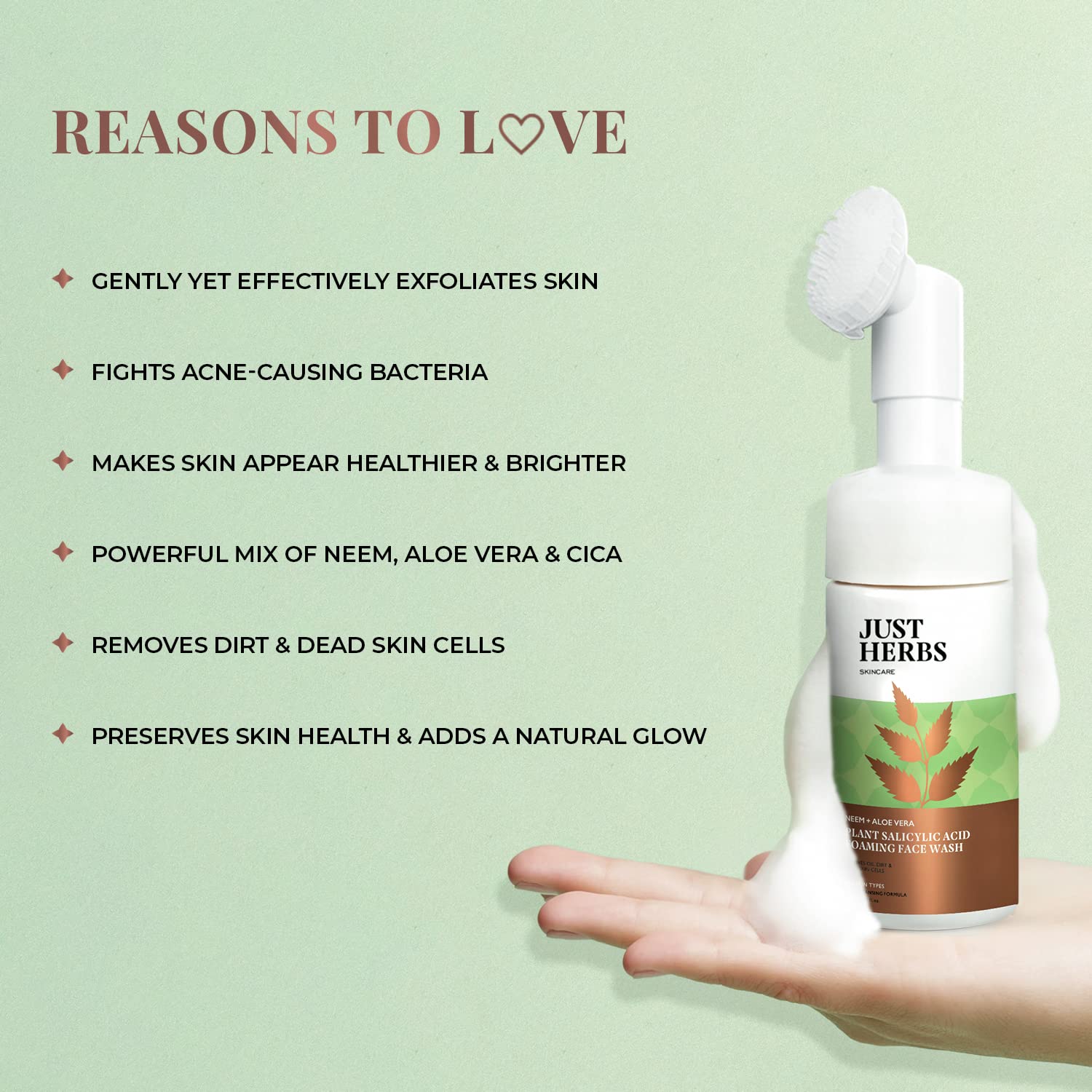 Just Herbs Neem & Aloe Vera Foaming Face Wash with Salicylic Acid - 100ml for Men & Women | Acne Treatment, Oil Control & Deep Cleansing | Perfect for Daily Skincare Routine
