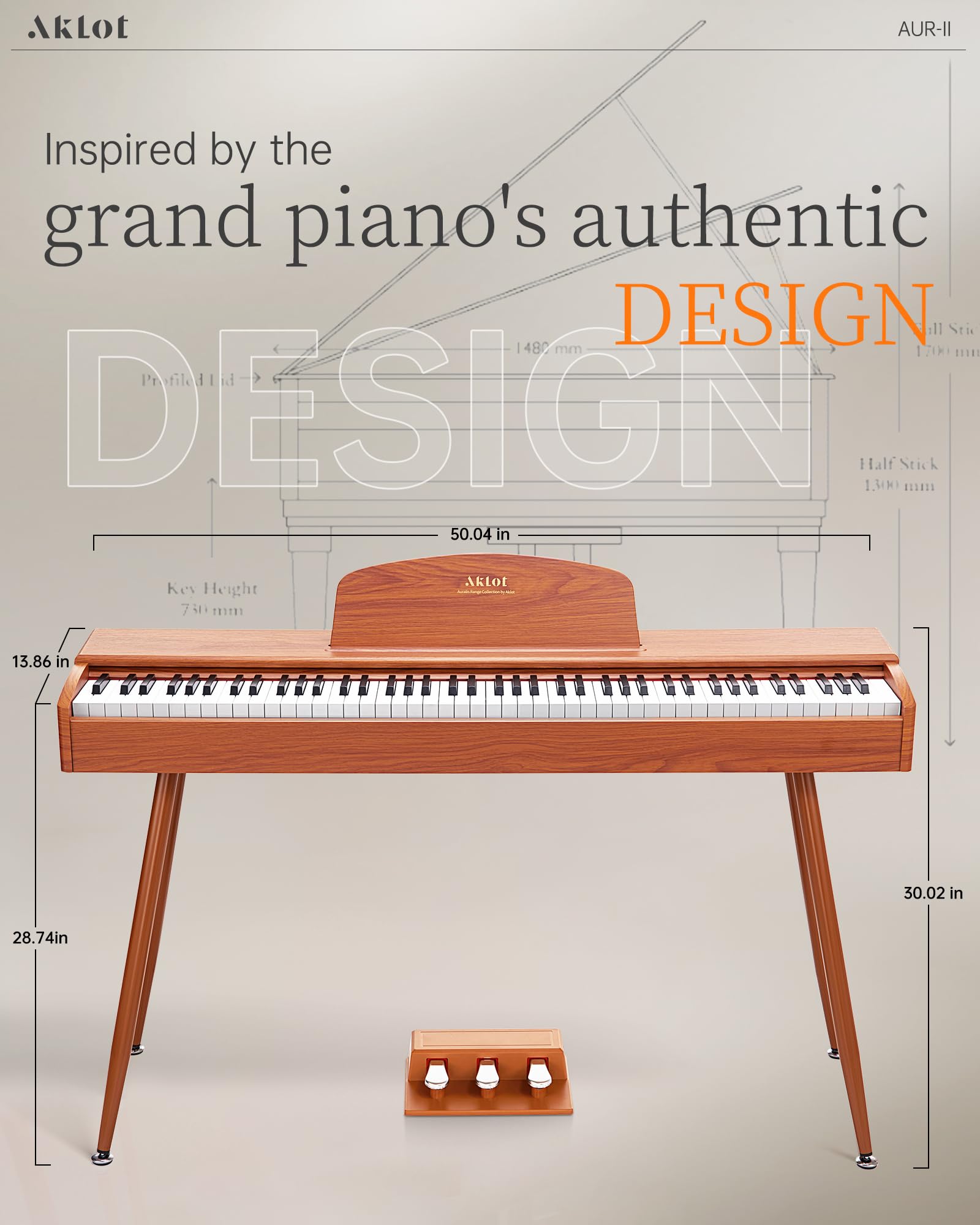 AKLOT 88-Key Weighted Digital Piano Keyboard - Graded Hammer Action, French Dream Sound Chip, Stand & Triple Pedal - USB MIDI & Bluetooth Connectivity - AUR-II Natural Wood Finish - Perfect for Home Studios, Stage Performances & Piano Lessons