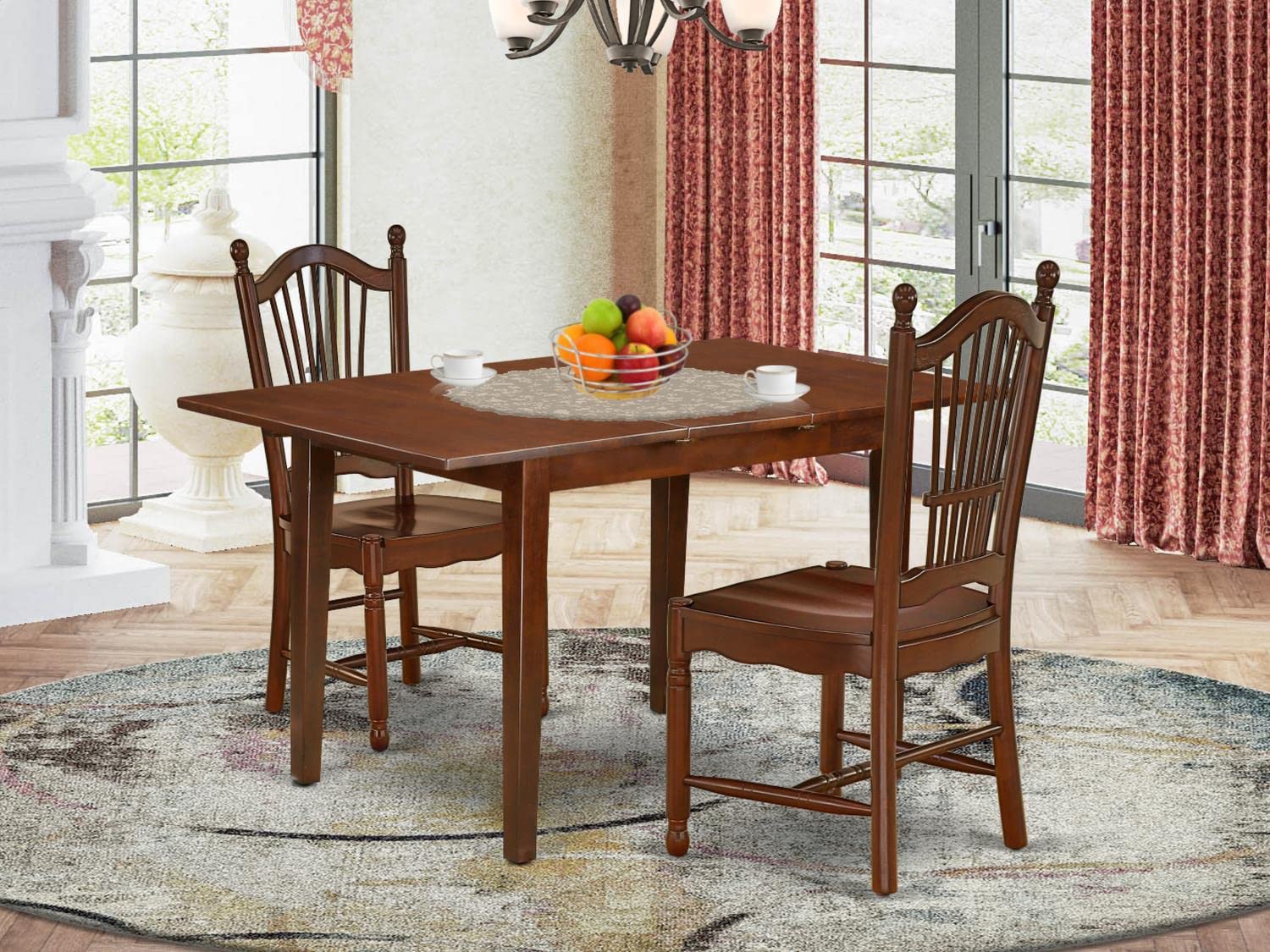 East West Furniture 3-Piece Kitchen Table Set for Small Spaces - Rectangle Dining Table with Butterfly Leaf & 2 Chairs, 32x54 Inch, Mahogany - Perfect for Apartments, Breakfast Nooks & Cozy Dining Areas