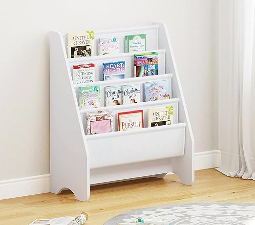 Kids Sling Bookshelf - White Book Organizer & Magazine Rack for Children's Room - Perfect for Bedroom, Playroom & Classroom Storage