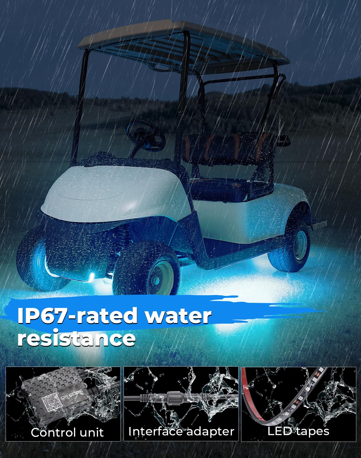KEMIMOTO 4PCS Golf Cart Underglow LED Strip Lights Kit - 12V Waterproof RGB Lighting for EZGO, Yamaha Drive2, ICON & Kandi - 300 ARGB Modes with Music Sync & APP/RF Control - Perfect for Night Golfing, Cart Shows & Off-Road Adventures