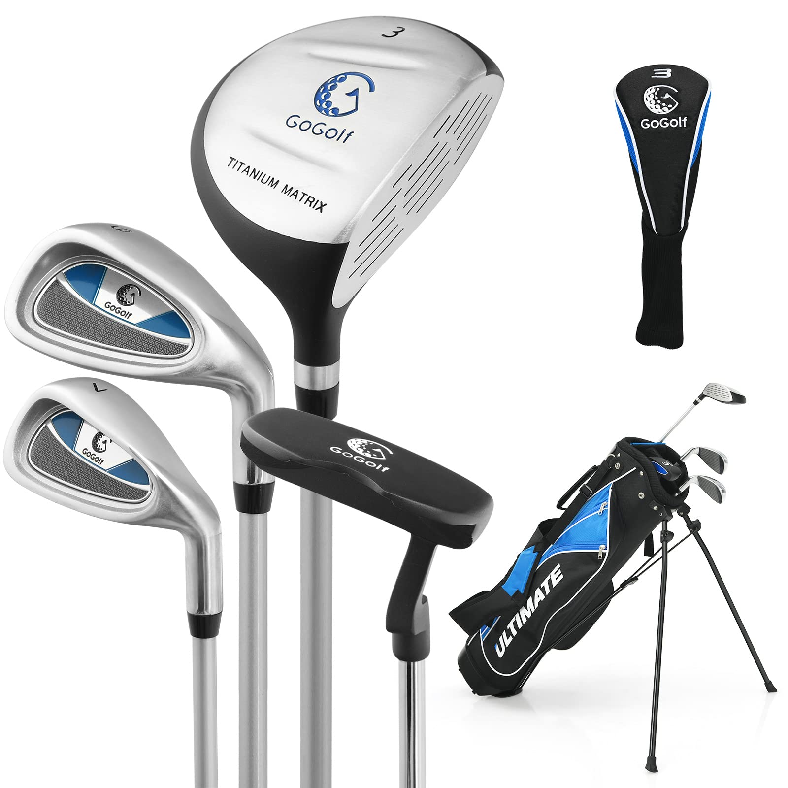 GYMAX Complete Kids Golf Club Set Right Hand - 3# Fairway Wood, 7# & 9# Irons, Putter with Foam Head Covers - Portable Youth Golf Clubs for Beginners & Junior Players | Perfect for Backyard Practice, Driving Range & Golf Course Training