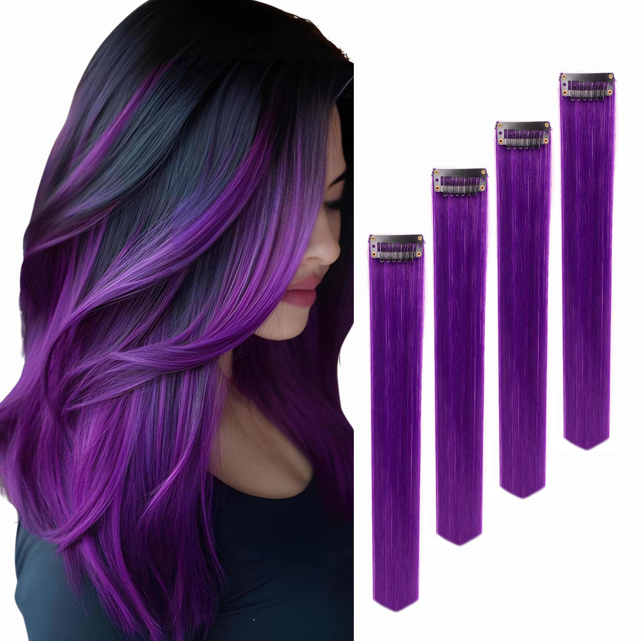 Paradise® Purple Clip-in Hair Extensions 22 Inches - 4 Pack Straight Synthetic Hair for Women & Girls - Funky Colored Hair Streaks for Parties, Cosplay & Halloween Costumes
