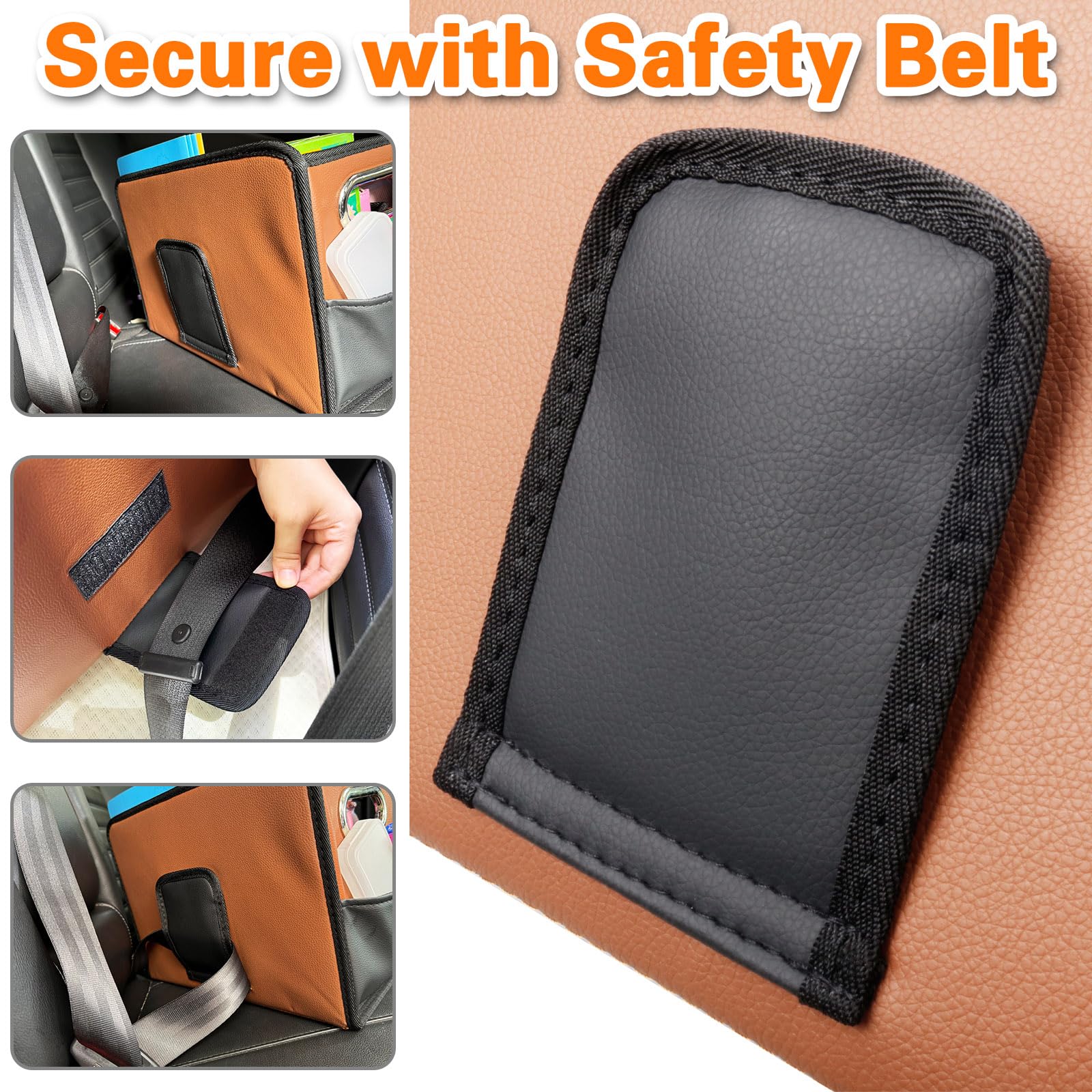 Premium Leather Car Seat Organizer with 6 Storage Pockets & 3 Handles - Universal Fit for Front/Back Seats (Brown/Black) - Perfect for Road Trips, Baby Essentials & Car Organization Accessories