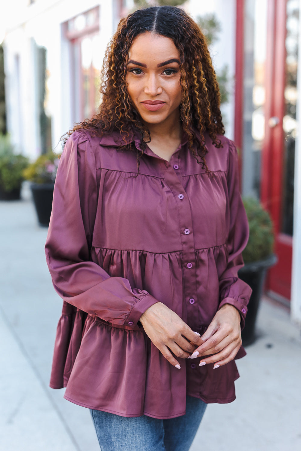 Burgundy Satin Babydoll Top with Button Down & Tiered Design - Perfect for Date Nights, Parties & Casual Outfits