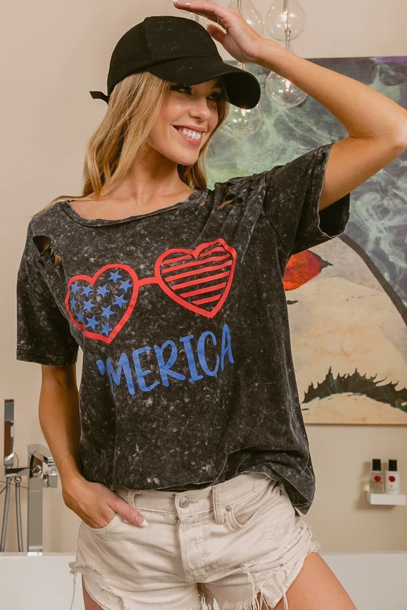BiBi 4th of July Patriotic Women's Distressed Laser Cut Top - Perfect for Independence Day Parties, BBQ Gatherings & Summer Festivals