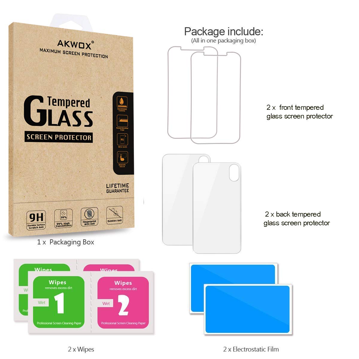AKWOX 4-Pack iPhone XS Screen Protector Set - 9H Hardness Tempered Glass Front & Back Protectors for iPhone XS/X | Anti-Scratch, Bubble-Free, HD Clear | Perfect for Work, Travel & Everyday Protection