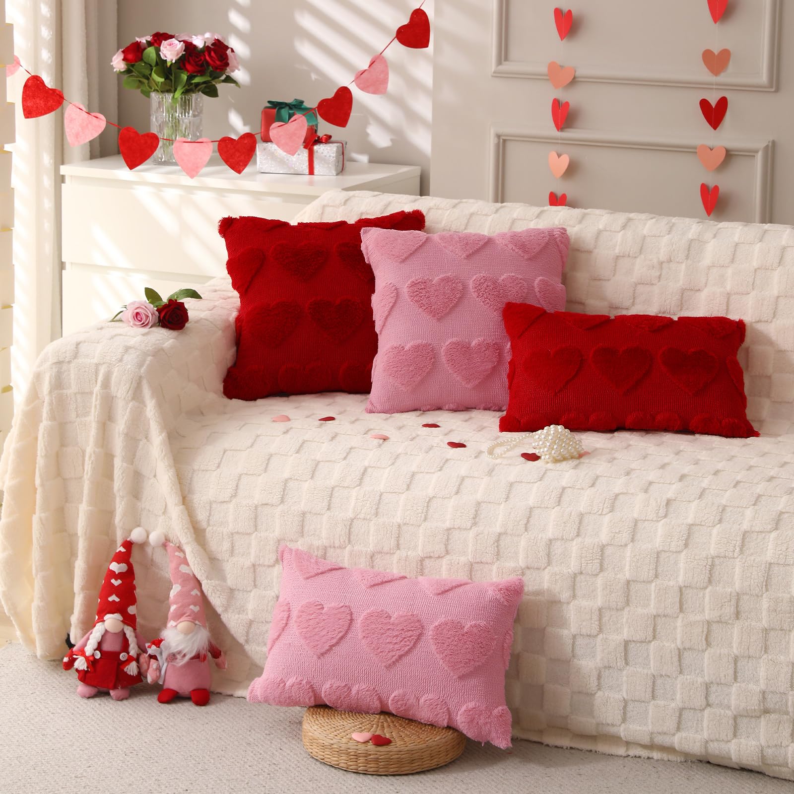 Valentine's Day Throw Pillow Covers 18x18 Inch Set of 2 - Soft Plush Faux Fur Heart-Shaped Decorative Pillow Cases for Couch, Sofa, Living Room & Bedroom Decor - Perfect for Romantic Home Decor, Anniversary Gifts & Cozy Winter Accents