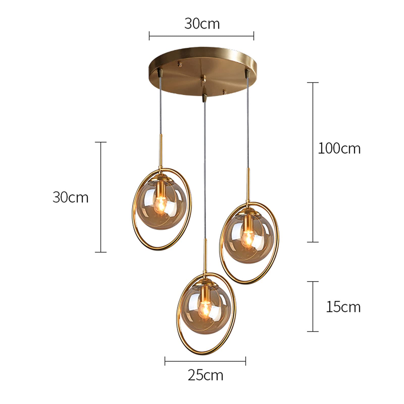 Vintage Industrial 3-Light Pendant Lighting Fixture - Brass Metal Ring with Glass Globe Shade, Retro Ceiling Hanging Lamp for Dining Room, Kitchen Island, Bar, or Living Room Chandelier (Amber)
