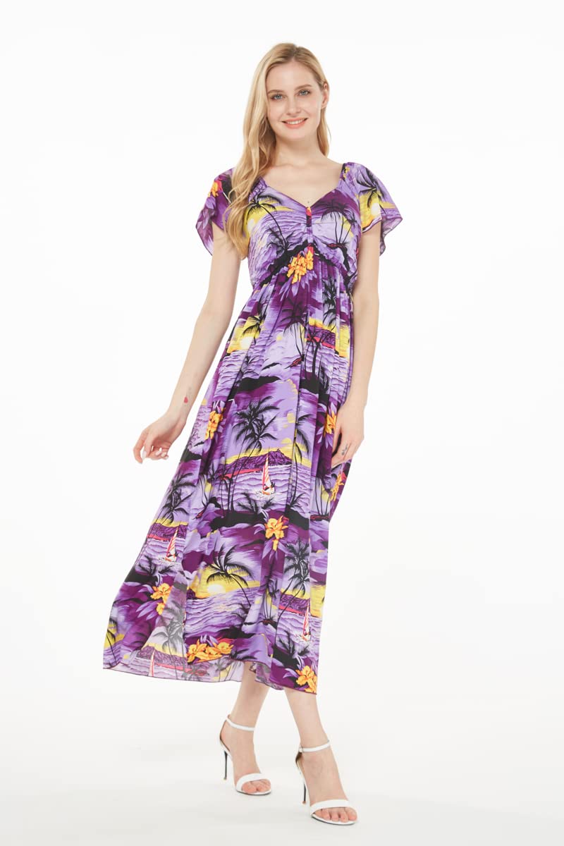 Women's Hawaiian Maxi Dress with Ruffle Sleeves - Tropical Sunset Print Flowy Beach Dress for Vacation, Summer Party & Boho Fashion