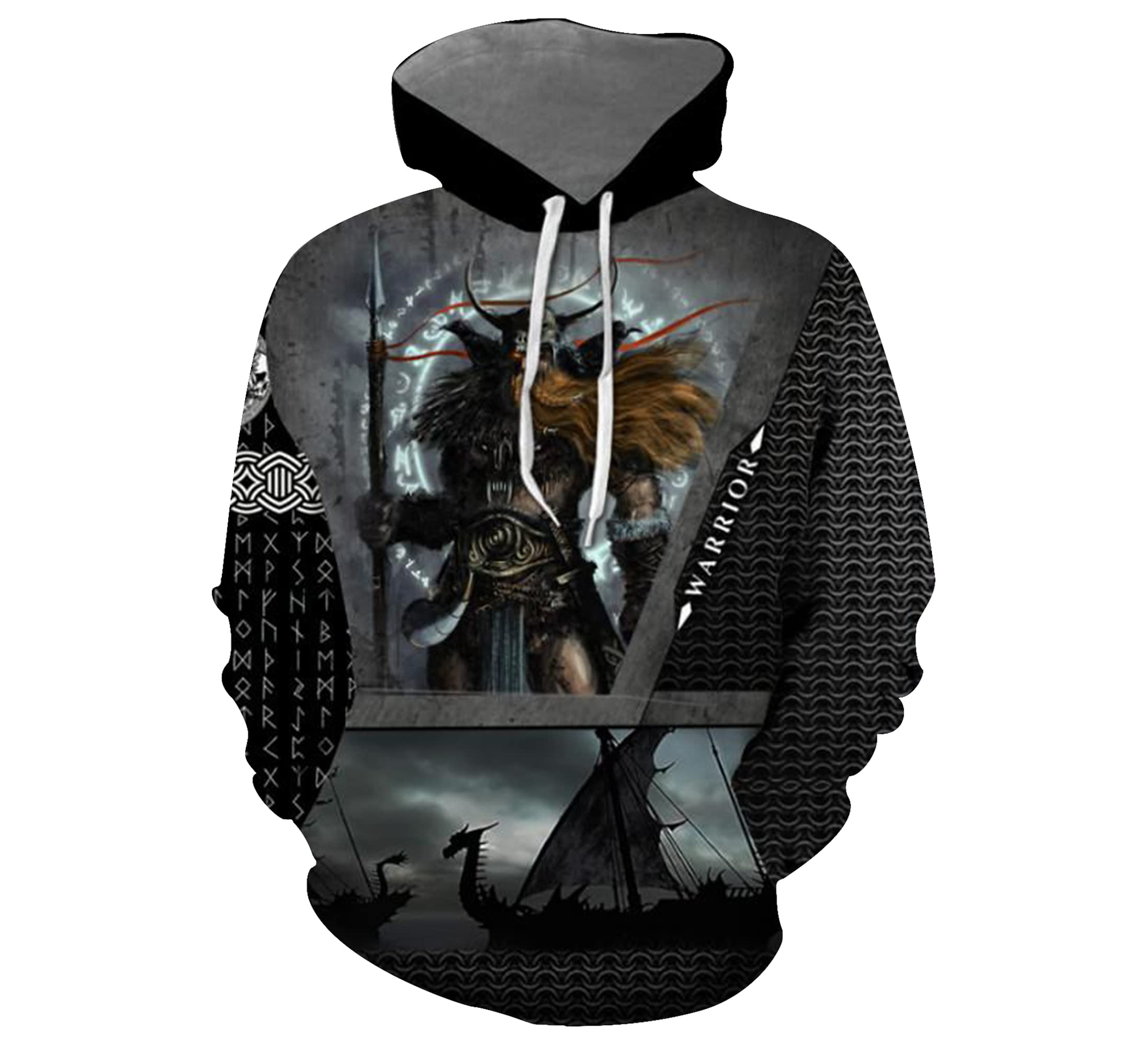 Viking God Warrior Hoodie - Norse Mythology Viking Hooded Sweatshirt with Viking Ship and Weapon Print | Men's Black and Gray Pullover for Cosplay, LARP, and Viking Enthusiasts