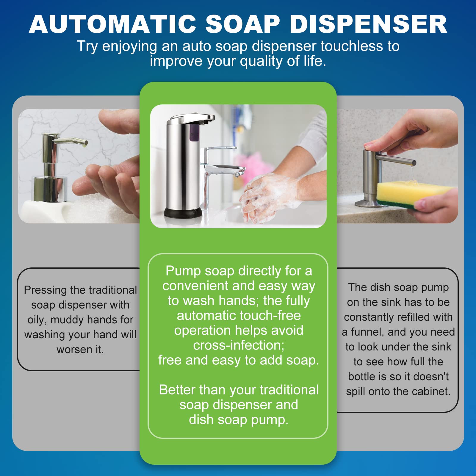 Automatic Touchless Soap Dispenser for Kitchen & Bathroom - Hands-Free Liquid Soap Dispenser with Silver Finish (Model W-211) - Perfect for Sink Countertops, Restaurants, and Public Restrooms