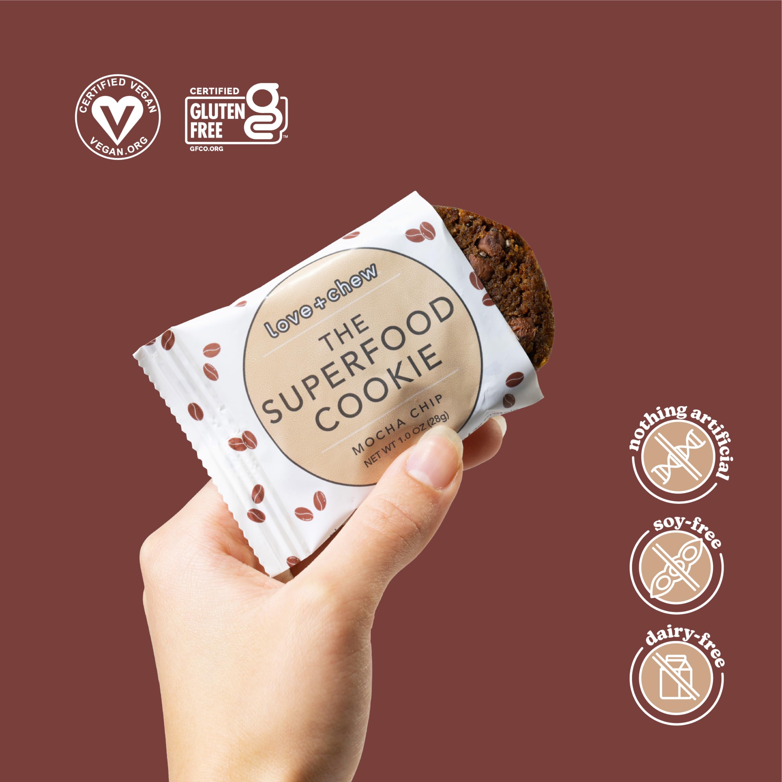 Love + Chew Mocha Chip Minis Bulk Box - 80 Count, 1 Ounce Each | Gluten Free, Vegan, Paleo & Non-GMO Soft Baked Cookies | High Protein Almond Snacks | Perfect for Office Snacks, School Lunches & On-the-Go Healthy Treats