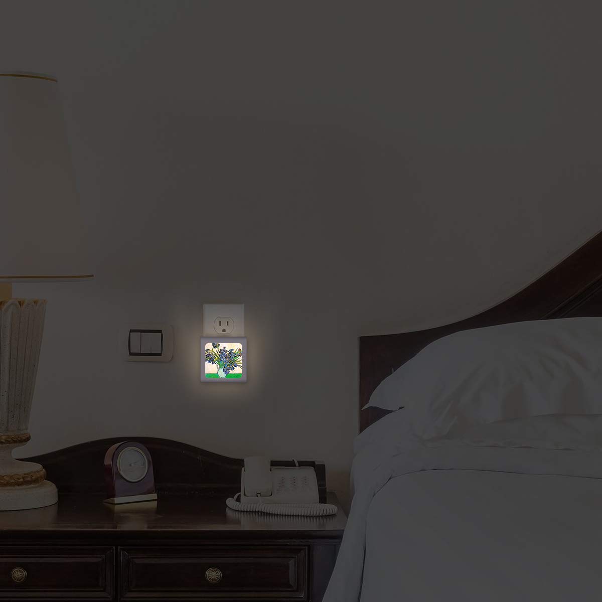Dimmable LED Night Light with Auto On/Off Sensor, Adjustable Brightness & Warm White Light - Perfect for Bathroom, Hallway, Nursery & Bedroom - Van Gogh Irises Art Design - Ideal for Nighttime Safety & Décor