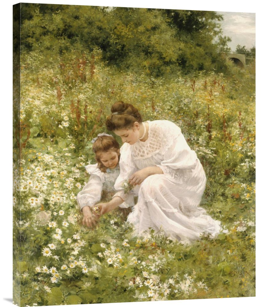 Hermann Seeger Picking Daisies Canvas Wall Art Print - Gallery Wrapped Giclee Reproduction - Perfect for Living Room, Bedroom & Office Decor