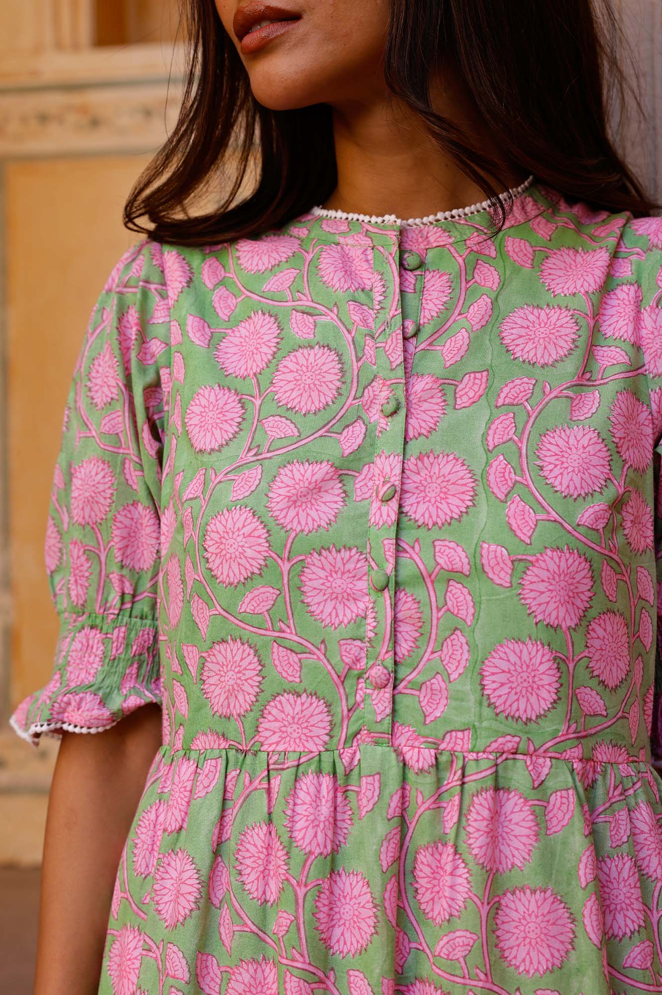 Organic Cotton Block Print Dress - Cordelia | Mara Green & Pink | Boho Chic Summer Dress for Beach, Vacation & Casual Wear
