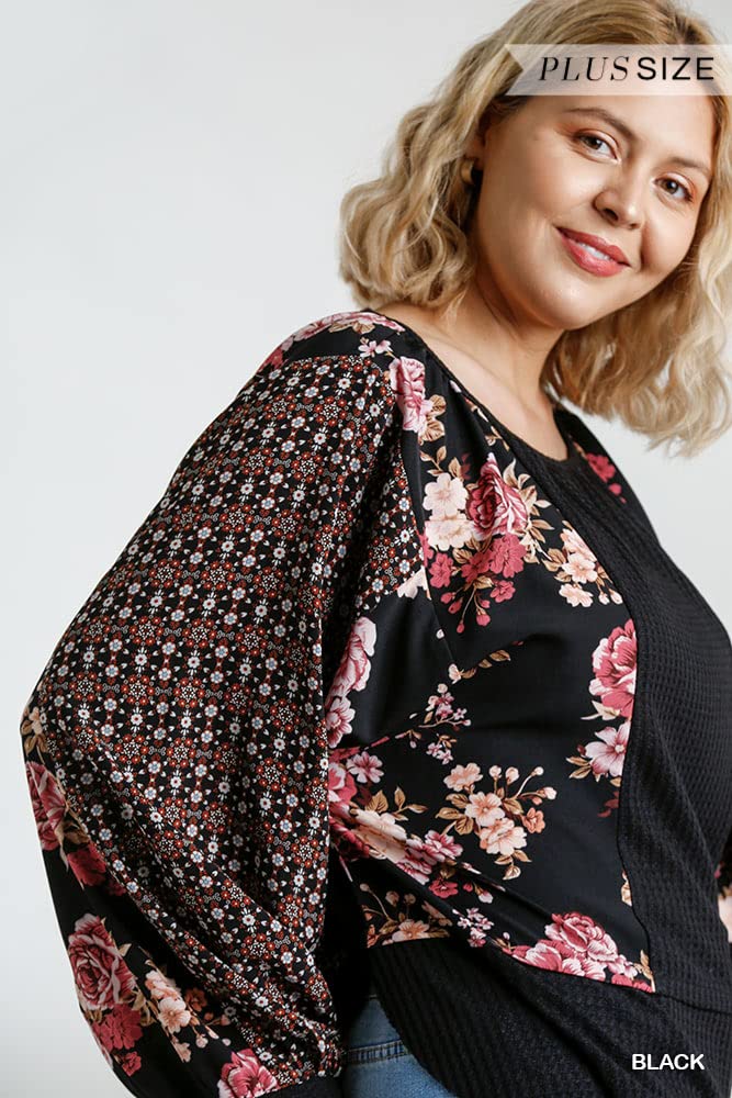 Umgee USA Women's Mixed Print Long Puff Sleeve Waffle Knit Top - Stylish Casual Blouse for Fall & Winter | Perfect for Office, Date Night & Weekend Outfits