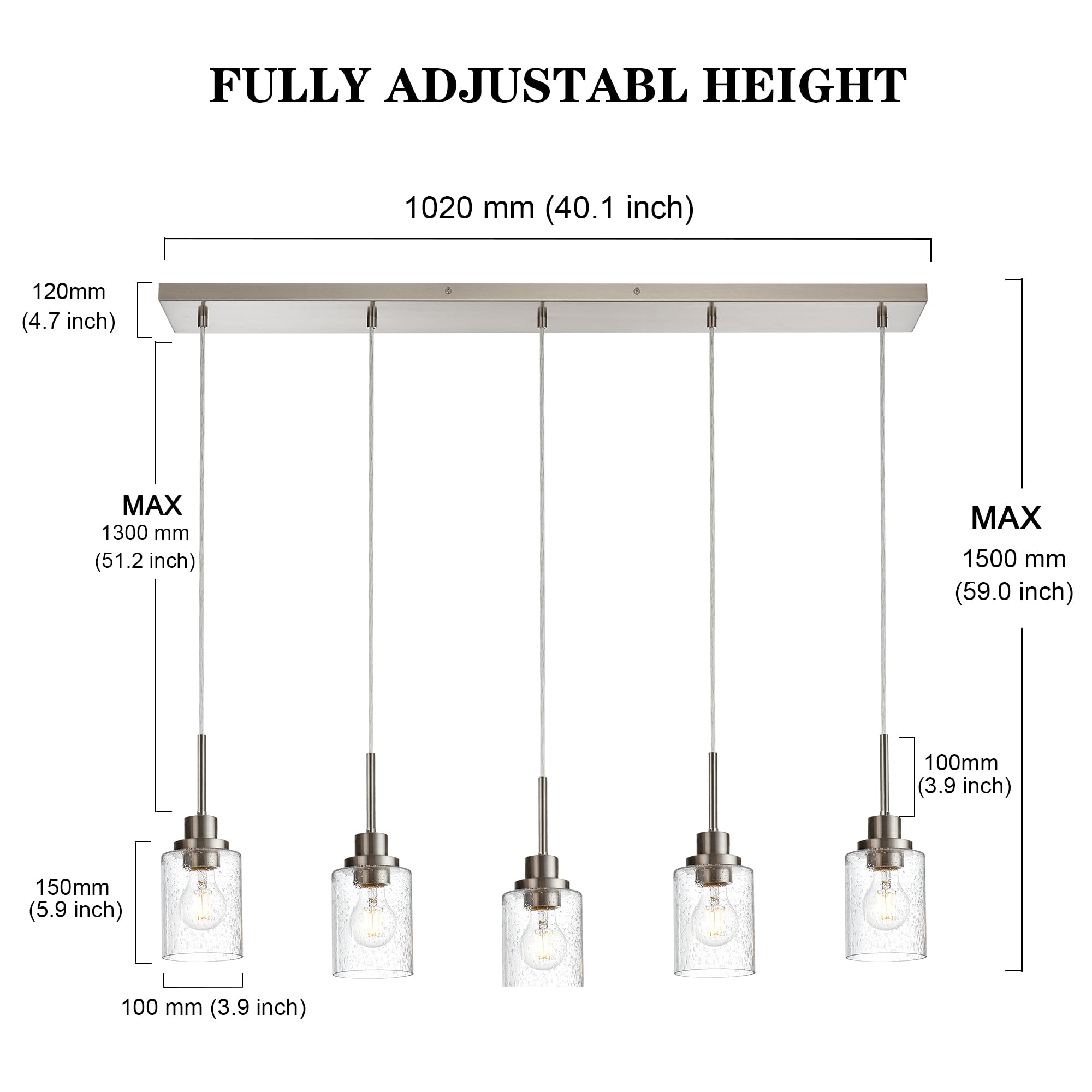 Modern Brushed Nickel Linear Chandelier - 5-Light Farmhouse Pendant Lighting with Clear Seeded Glass for Dining Room, Kitchen Island & Living Room | Contemporary Ceiling Light Fixture for Home Decor