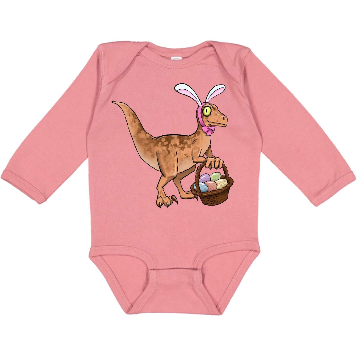 Inktastic Easter Velociraptor with Bunny Ears Long Sleeve Baby Bodysuit - Cute Dinosaur Outfit for Easter, Holiday Photos & Baby Showers
