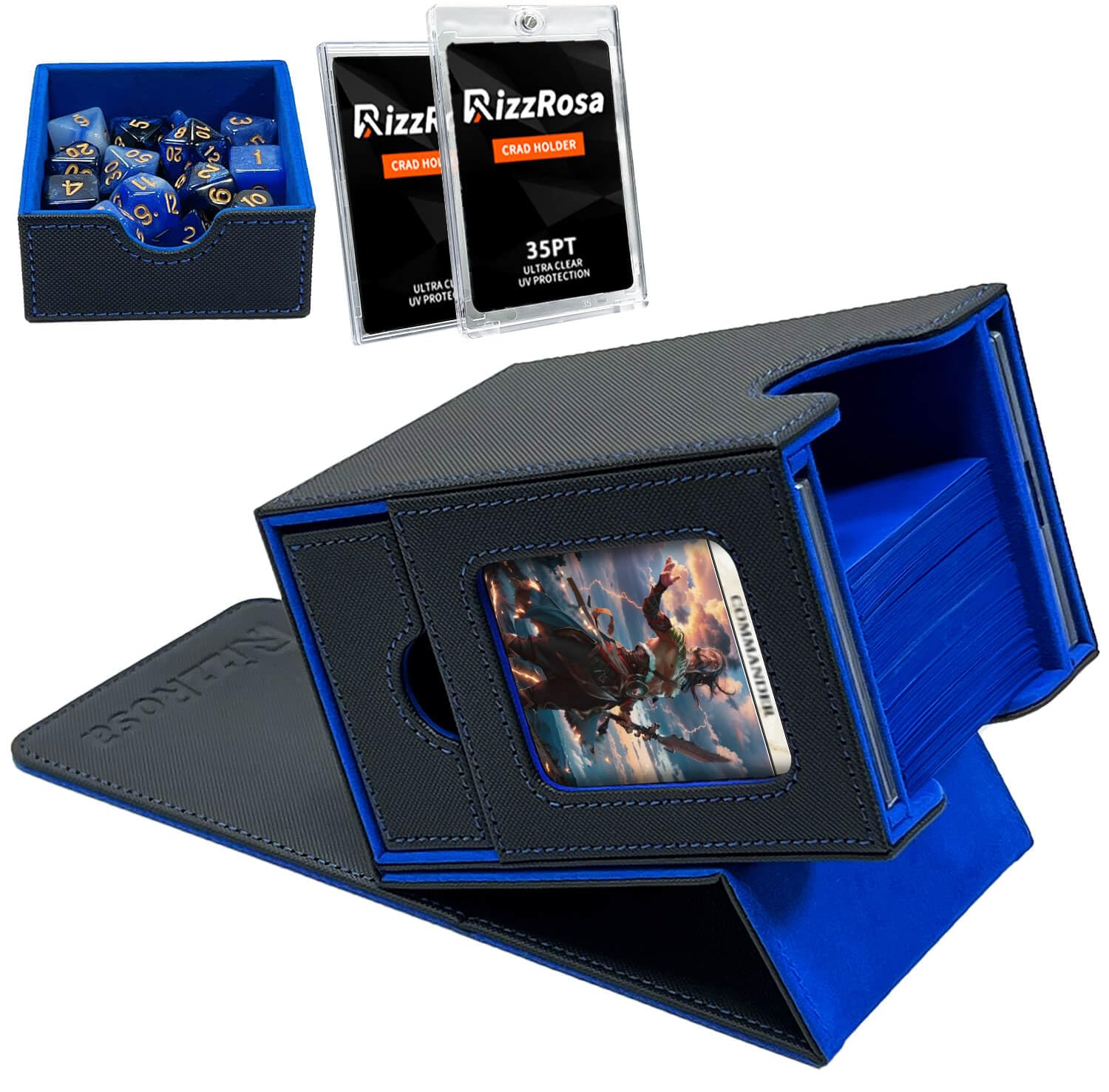 Premium MTG Commander Deck Box - Holds 100 Double-Sleeved Cards with 2 Display Stands & Built-in Dice Tray | Ultimate Storage Solution for Magic: The Gathering, TCG & CCG Cards | Perfect for Game Nights & Tournaments (Blue)