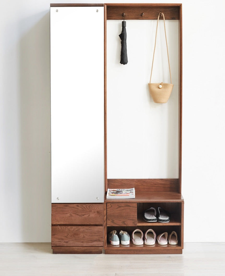 Solid Oak Wood Shoe Stool with Hanger - Space Saving Entryway Storage Cabinet for Shoes, Hats & Coats - Perfect for Small Apartments, Mudrooms & Closet Organization