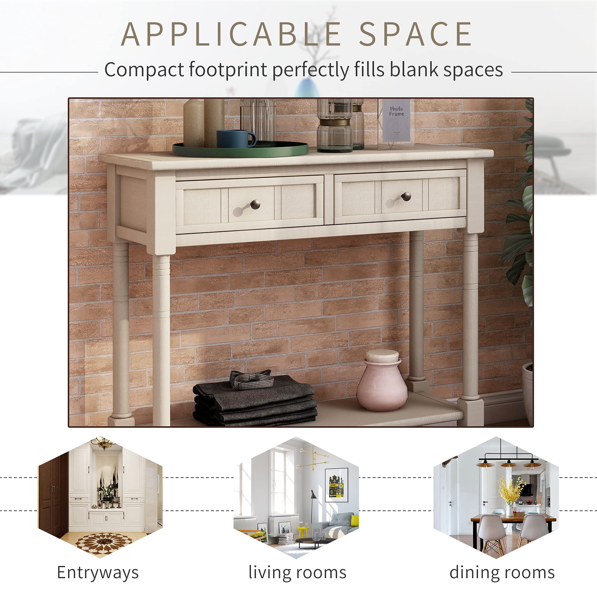HOUAGI Narrow Console Table with 2 Drawers & Bottom Shelf - Daisy Series Sofa Table for Entryway, Hallway & Living Room - Easy Assembly Antique Gray - Perfect for Small Spaces & Home Decor
