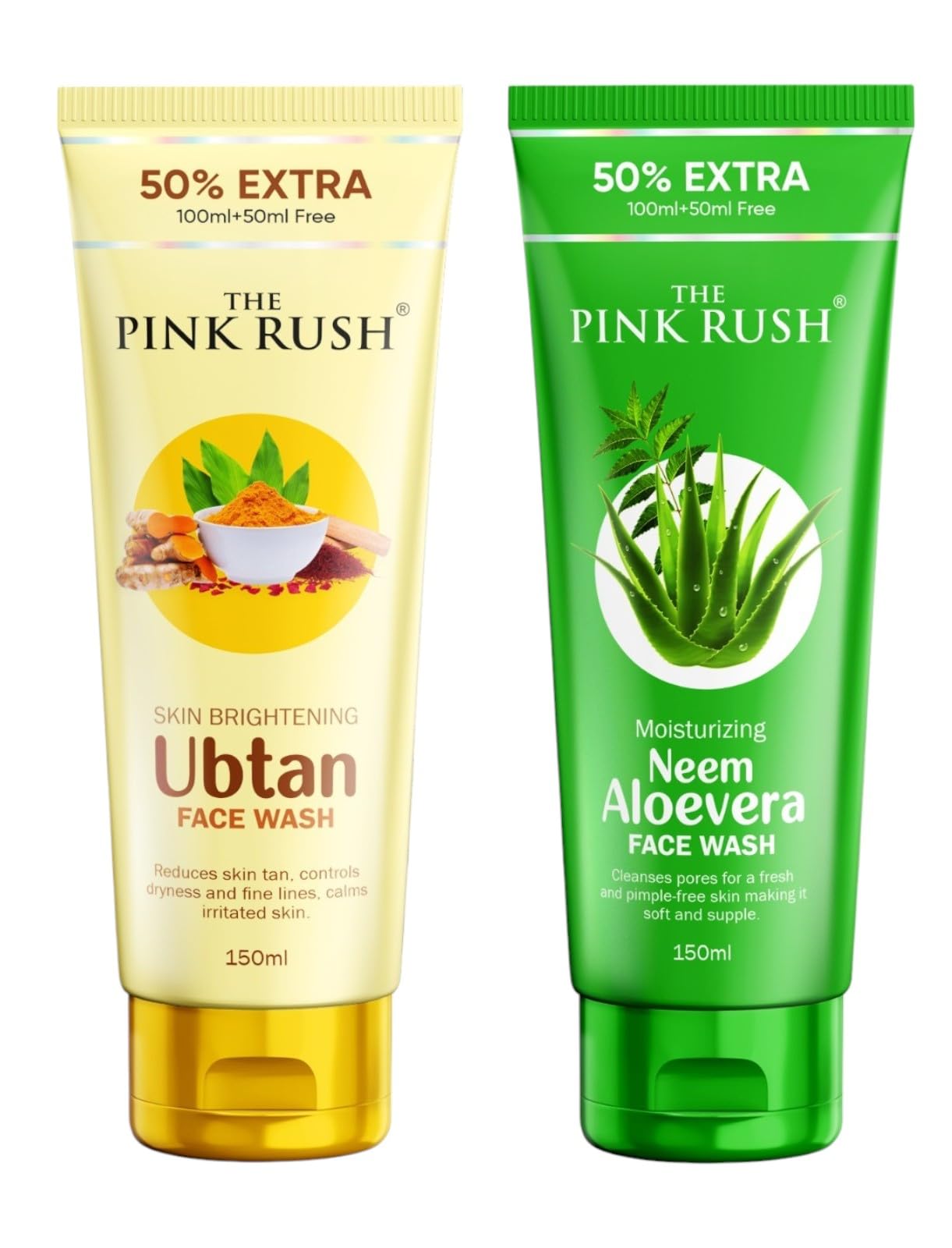 Pink Rush Ubtan & Neem Aloe Vera Face Wash Combo - 100ml Each for Men & Women | Deep Cleansing, Acne Control & Glowing Skin | Perfect for Daily Skincare & Travel