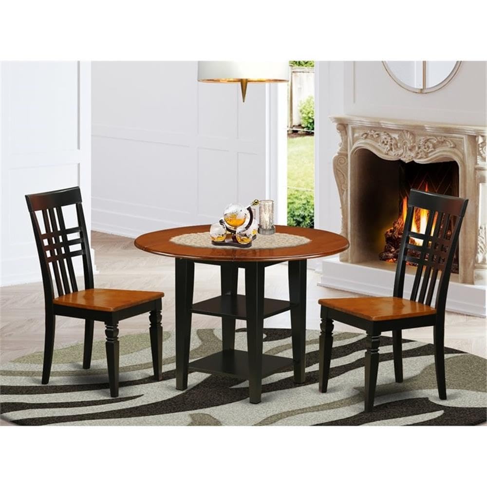 Modern 3-Piece Dining Table Set with Round Wooden Table, Drop Leaf & Shelves + 2 Chairs - 42x42 Inch, Black & Cherry - Perfect for Small Spaces, Breakfast Nooks & Compact Dining Rooms