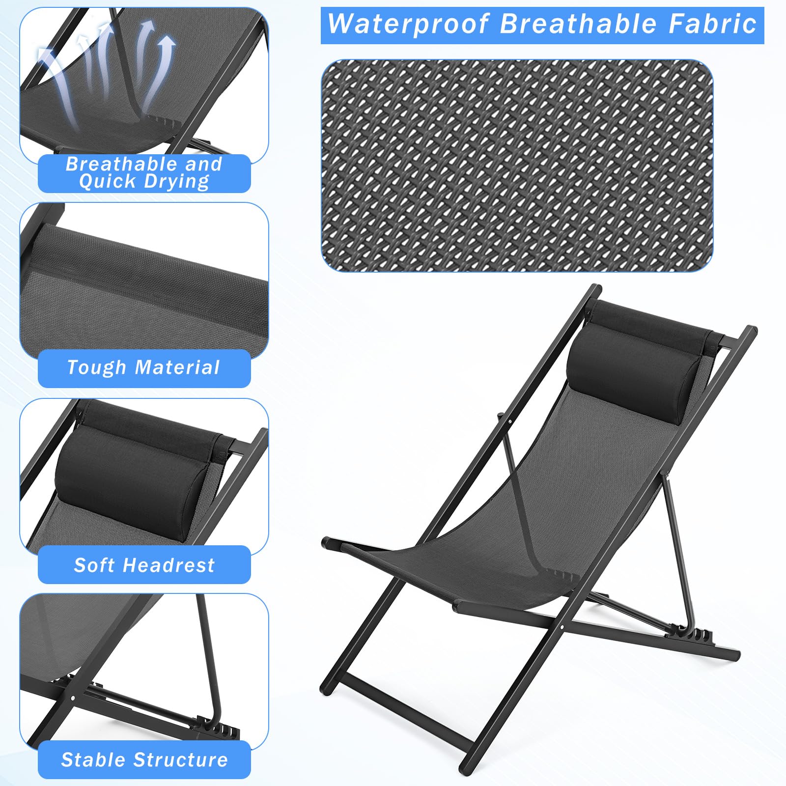 2 Pack Foldable Outdoor Lounge Chairs with Headrest - Adjustable 5-Level Height Aluminum Reclining Sling Chairs for Patio, Beach, Pool, Camping, Garden & Yard - Portable & Lightweight (Black) | Perfect for Relaxing, Sunbathing & Outdoor Lounging